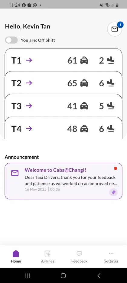 Cabs@Changi home screen showing taxi and arrival counts for terminals 1 to 4