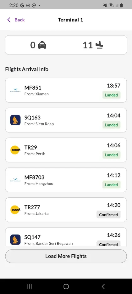 Cabs@Changi Terminal 1 flight arrivals with landed and confirmed statuses