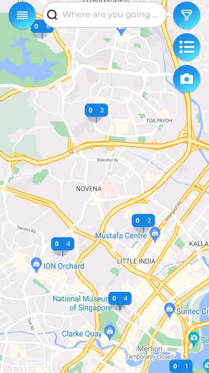 EMMA SG charger map of Singapore, pins showing available chargers per site